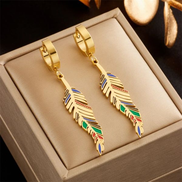 Boucles d'oreilles pendentif plume en or jaune 14 carats pour femmes, nouvelle tendance, boucle d'oreille pour filles, bijoux cadeaux de fête d'anniversaire