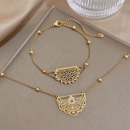 14k Geel Goud Geometrische Retro Holle Pauw Staart Bloem Hanger Ketting Armband Voor Vrouwen Gouden Ketting Sieraden Set