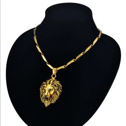 Collares con cabeza de león de oro amarillo de 14k, colgante para hombre, Color dorado, cadena de eslabones calientes RU, colgante, joyería Punk para hombre