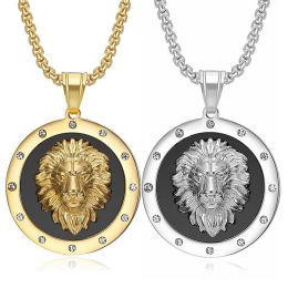Pendentif tête de Lion en or jaune 14 carats, chaîne de couleur dorée, collier animal rond glacé scintillant pour hommes, bijoux Hip Hop