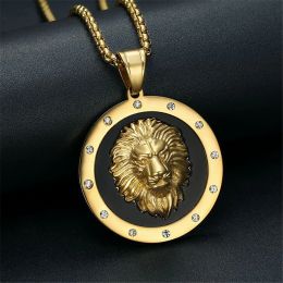 14K Geel Gold Lion Head Pendand Chain Golden Color Iced Out Bling Round Animal Necklace for Men Hip Hop Jewelry