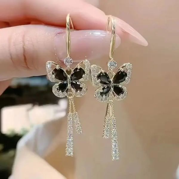 Boucles d'oreilles en or jaune 14 carats, nouvelle tendance, Design Unique, exquis, exagéré, papillon noir, pompon en Zircon, bijoux fins pour femmes, cadeaux de fête