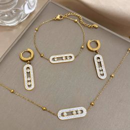 Conjunto de joyería de cadena dorada de 14k con diamantes de imitación, colgante geométrico de elipse, collar, pendientes, pulseras para mujer
