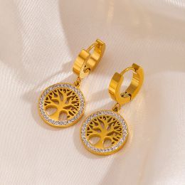Boucles d'oreilles rondes en or jaune 14 carats avec pendentif arbre de vie pour femmes et filles, boucle d'oreille étanche, bijoux cadeau de fête, nouvelle tendance 2024