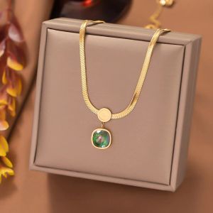 14K Geel Gold Square Stone Pendant ketting voor vrouwen klassieke vrouwelijke goudkleur Flat Snake Chain Wedding Sieraden Gift Nieuwe geschenken