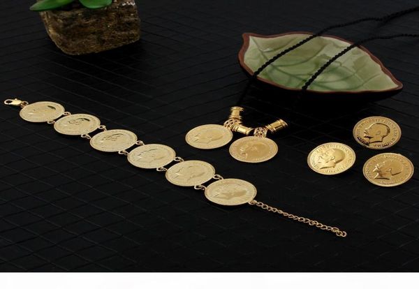 14K Jaune Real Solid Gold GF Coin Bielry Setts Ethiopian Portrait Coin Set Collier Pendant Boucles d'oreilles Bracelet Bracelet Size Black ROP9147552