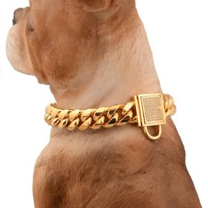 14MM Charm White Rhinestone Lock Hebilla Cut Curb Cuban Link 316L Acero inoxidable Gold Dog Chain Pet Collar Gargantilla Necklac 12-34qu274V