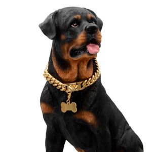 14mm lien cubain collier de chien colliers de chaîne de chien collier de chien en or solide StainlSteel fournitures pour animaux de compagnie accessoire os pendentifs X0509