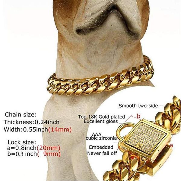 14mm collier de chien couleur or en acier inoxydable chaîne pour animaux de compagnie collier fournitures pour animaux de compagnie Canoidea strass serrure haute poli 10 ~ 24 pouces1