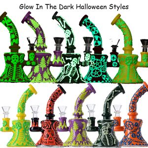 Mini narguilés de style Halloween brillent dans le noir 6 pouces conception unique bangs en verre yeux dents pomme de douche Perc plates-formes pétrolières Dab Rig 4mm d'épaisseur avec bol