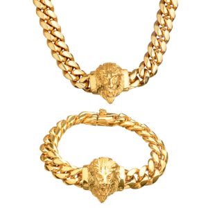 14mm Hip Hop tête de Lion en acier inoxydable Miami chaîne à maillons cubains collier ensemble de bijoux complet 5A Zircon 18K accessoires plaqués or