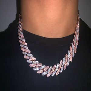 14mm Iced Pink Cubaanse Link Prong Choker Ketting Zilver Rose Goud Cubaanse Link Met Wit Roze Diamanten Zirkonia Sieraden 7inc219g