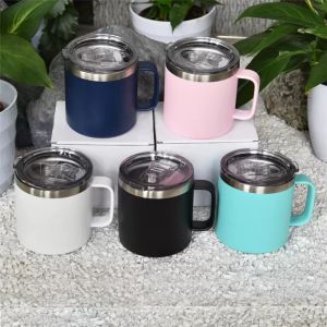 14oz koffiemokken met handgreep roestvrijstalen reistumbler dubbele wandpoeder gecoate cup vacuüm geïsoleerde camping mok container waterfles in bulkgroothandel