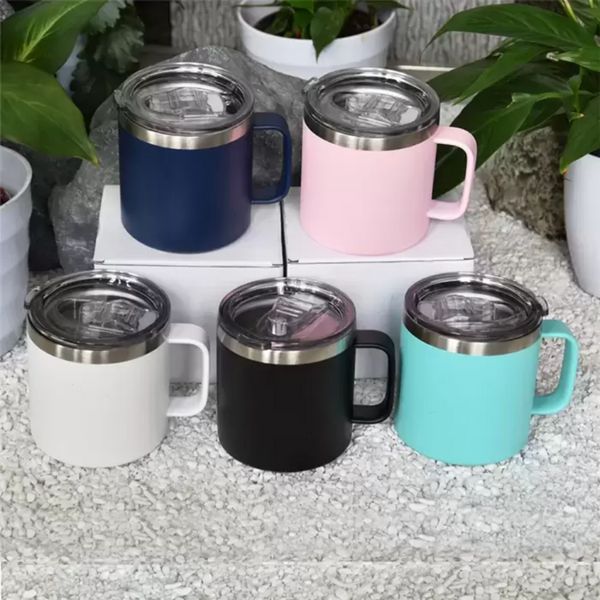 Tazas de café de 14 oz con tapa de mango Taza con recubrimiento en polvo de doble pared de acero inoxidable Vasos con aislamiento al vacío Contenedor para acampar Botella de agua al por mayor ss1203