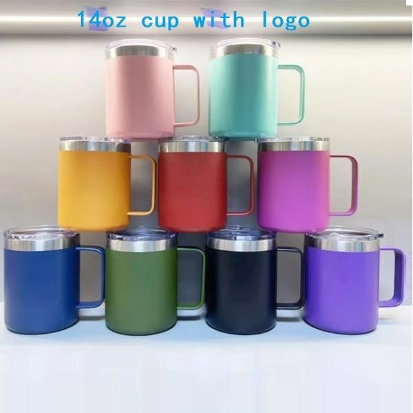 Tazas de acero inoxidable de 14 oz, taza de leche, copa de vino de Metal con aislamiento al vacío de doble pared con asas, tapas, vasos de café, venta al por mayor A1202