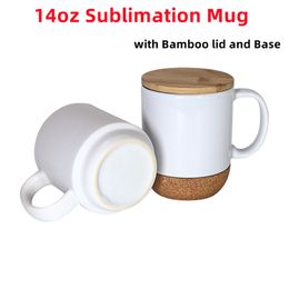 Tasses en céramique de sublimation de 14 oz avec couvercles en bambou et tasses vierges de sublimation de base Tasses à café blanches avec fond en bambou