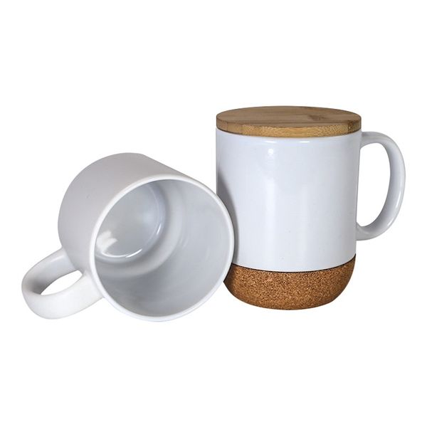 Tasses en céramique de sublimation de 14 oz avec couvercles en bambou et tasses vierges de sublimation de base Tasses à café blanches avec fond en bambou Nouveau