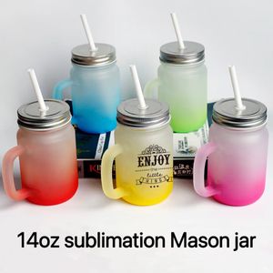 Pot Mason en verre de sublimation de 14 oz avec paille à poignée Gobelets en verre dégradé Bouteille d'eau à transfert thermique Tasses sublimées colorées moq 36pcs