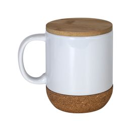 Tazas con asa de sublimación de 14 oz con tapa inferior de madera Tazas de cerámica de transferencia de calor de 400 ml Taza de café en blanco blanco para sublimar A12