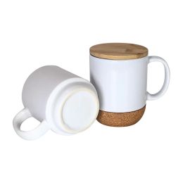 Tazas con asa de sublimación de 14 oz con tapa inferior de madera Tazas de cerámica de transferencia de calor de 400 ml Taza de café blanca en blanco para sublimar 1202