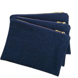 14oz dikke denim make -uptas met gouden metalen rits en echte rode voering marine blanco denim cosmetische tas schip rechtstreeks van F272K