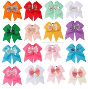 14 pièces 8 pouces grand nœud de tête à paillettes ruban gros-grain nœuds de cheveux enfants Cheerleading filles accessoires élastique porte-cheveux JOJO BJ