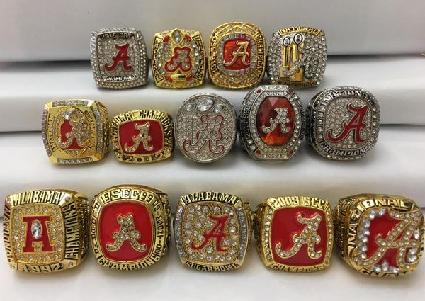 14 PCS Alabama Crimson Roll Tide Bague Championnat De Football Américain National Set Souvenir Hommes Fan Cadeau 2019 En Gros Drop Shipping