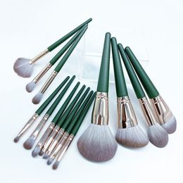 14 -stcs groene make -up borstel set volledige gezicht cosmetische borstels met opslag pu tas beginners make -up borstel