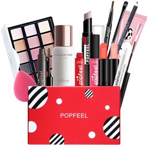 Ensemble de maquillage 14 pièces en 1, comprenant fond de teint, Palette de fard à paupières, Eyeliner, rouge à lèvres, brillant à lèvres, Kit bouffant de poudre POP006A