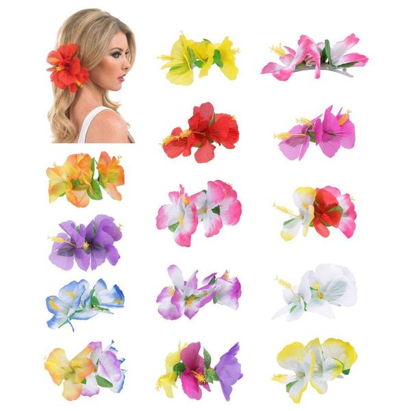 Barrettes à cheveux en forme de fleur d'hibiscus artificielle en soie, 14 pièces/lot, Barrettes hawaïennes Luau Hula, décoration de fête, accessoires pour cheveux de mariée et de mariage