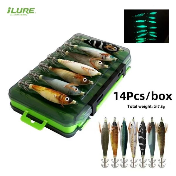 14 unids Luminoso Horizontal Calamar Jig Madera Camarón Calamar Gancho Cebo Artificial Pulpo Sepia Camarón Agua Salada Cebo Duro Tackle 240102