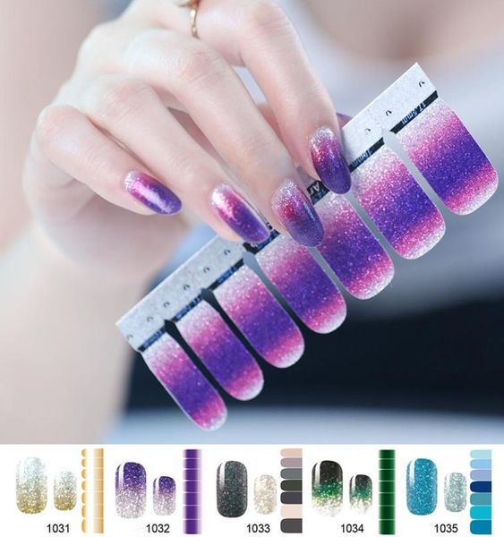 14pcssheet glitter gradient couleur autocollants ongles autocollants autocraps couvercle complet autocollant polonais diy auto-adadhésive nailart décoration6674655