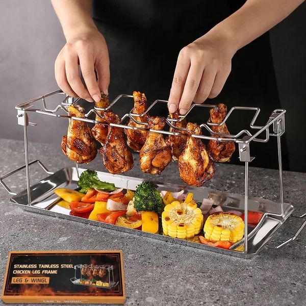 14 pièces pliant en acier inoxydable Poulet rôti plaquette de barbecue extérieur gril porteur de châssis 240429