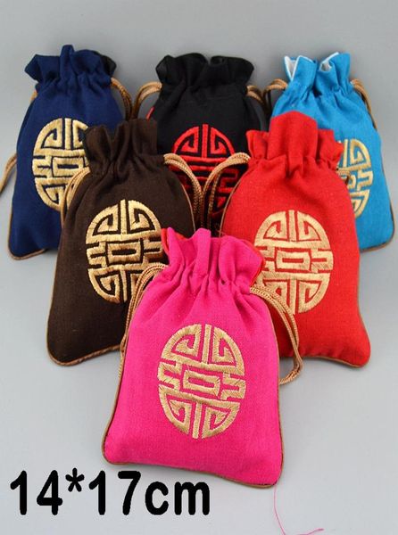14x17 cm brodé chanceux cordon pochette coton lin bijoux sac de rangement style chinois bonbons thé épices sacs d'emballage 50pcsl4174739
