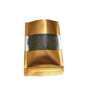 Bolsa con cremallera en relieve dorado Doypack de 14x20cm, 50 unids/lote, bolsa con cremallera de papel de aluminio con plástico transparente mate