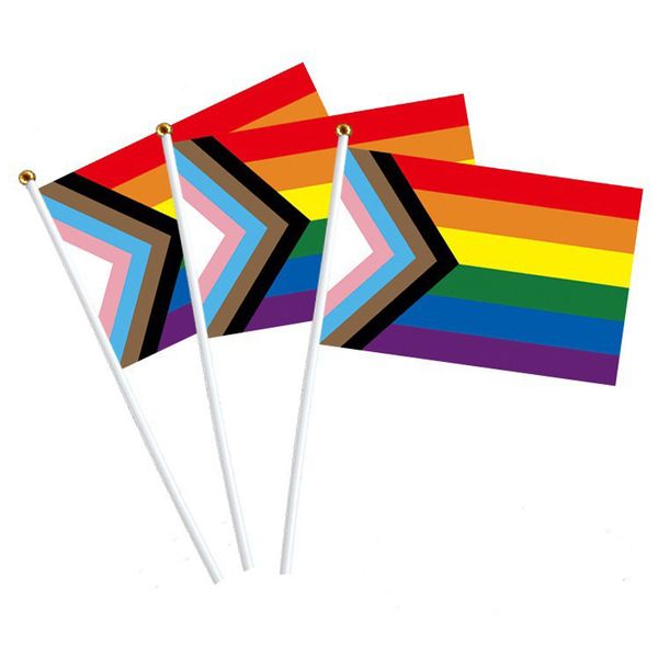 14x21 cm Gay Pride arc-en-ciel bâton drapeau transgenre lesbienne arc-en-ciel bannière LGBT arc-en-ciel drapeaux avec mât de drapeau bannières de poche TH0333
