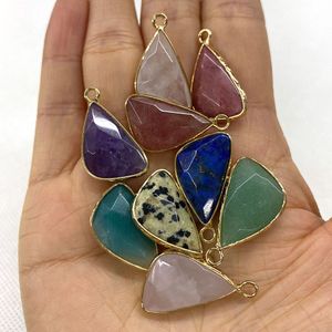 14x27mm driehoek Natural Crystal Stone Charms Green Blue Rose Quartz Hangers Gold Bunding Edge Trendy voor Ketting Sieraden Maken Groothandel