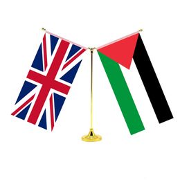 14x28cm Mini Palestine drapeau de bureau d'amitié debout avec deux drapeaux de la Grande-Bretagne Royaume-Uni Royaume-Uni et Palestine 240402