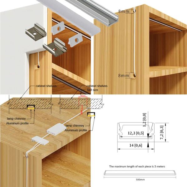 Luz LED de perfil de aluminio de 14x7 mm (5pcs) de 0.5m LED LED: Adecuado para gabinetes de cocina y gabinetes de vino con instalación incrustada