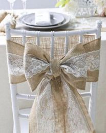 15 240cm Nature Elegant Burlap Lace Chair chaise chaise de jute Clie à papillon pour décoration d'événement de mariage rustique3375538