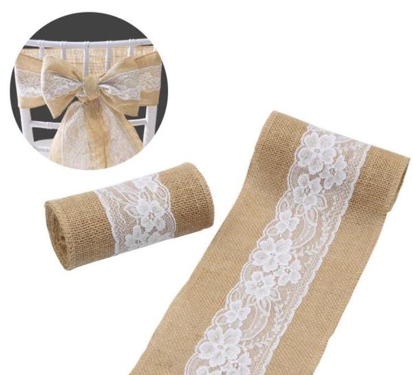 15 * 240 cm Naturaleza Elegante Arpillera Encaje Silla Fajas Sillas de yute Pajarita para boda rústica Evento Decoración SN2533