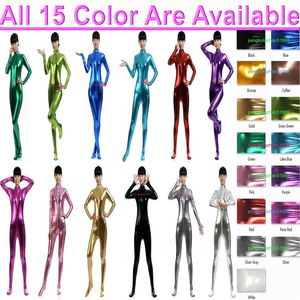 15 kleur Glanzende Lycra Metallic vrouwen Catsuit Kostuum Lange Rits Sexy Vrouwen Panty Pak Kostuums Halloween Party 285y