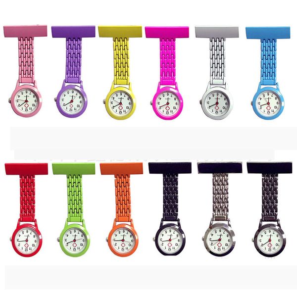 15 coloré métal poche infirmière montres médical inoxydable Quartz analogique broche Fob montre cadeau accrocher horloge médecin soins infirmiers montre