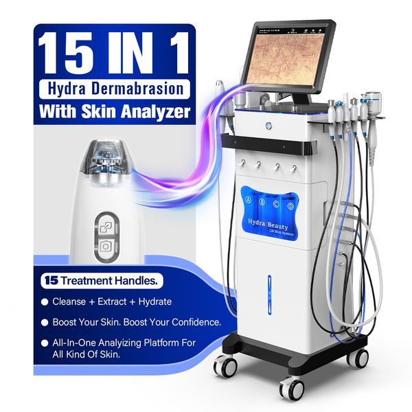 15 dans 1 Hydra Dermabrasion Machine de beauté Skin Nettoyage en profondeur Traitement du visage Coins de soins La peau régulent le dispositif de microdermabrasion en oxygène