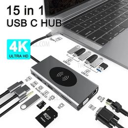 Hub USB C 15 en 1, cargador inalámbrico de 10W tipo C a resolución 4K, vídeo HD 1080P, VGA, PD, TF, adaptador de 3,5mm, divisor USB 3,0, 1000M, RJ45