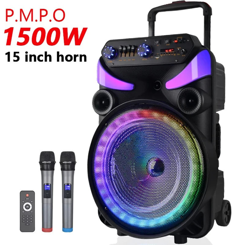 15 tum Power 1500W utomhus Bluetooth -högtalare Portable Karaoke Party Soundbox Subwoofer med Mic Remote Control Audio A65 240219