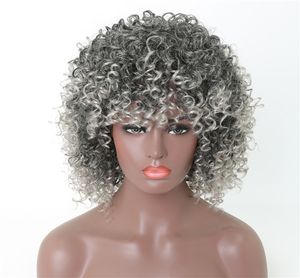 15 pouces Afro Kinky Curly Perruque Synthétique Haute Température Fibre Pelucas Simulation Perruques de Cheveux Humains Gris Couleur perruques de cheveux humains