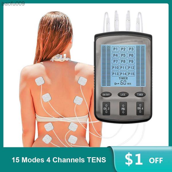 15 modes TENS masseur 4 sorties électrique EMS stimulateur musculaire nerveux impulsion numérique soins de santé appareil de Massage corporel L230520