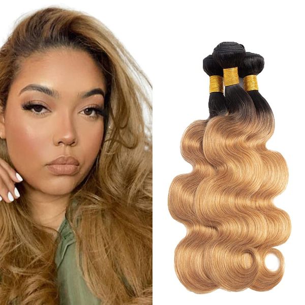 Vague de corps Extensions de trame de cheveux humains 1B / 27 Dark Roots Two Tone Ombre Weaves T Couleur Silky Straight Virgin Hair Bundles Bella Hair Wholesale Factory