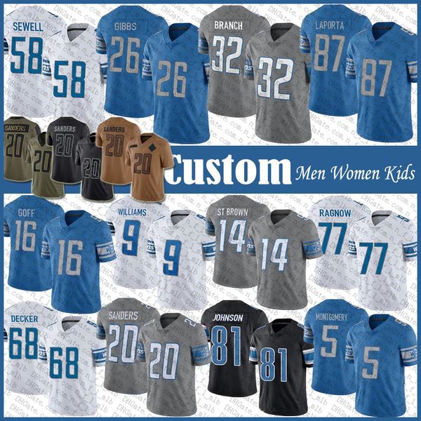 Amon Ra St Brown Sam LaPorta Maillot de football David Montgomery Jared Goff Jahmyr Gibbs Brian Branch Jameson Williams Penei Sewell Taylor Decker Jack Fox Alex Anzalone